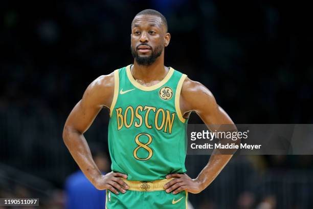Kemba Walker of the Boston Celtics looks on during the first half of the game against the Brooklyn Nets at TD Garden on November 27, 2019 in Boston,...