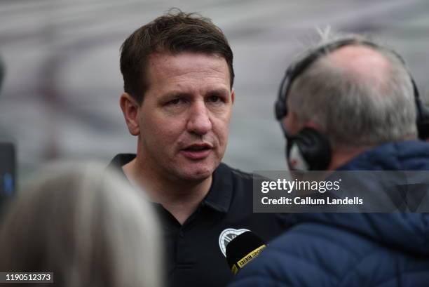 Manager Daniel Stendel of Hearts speaks to the media before the Ladbrokes Scottish Premiership between Hearts and Hibernian at Tynecastle Park on...