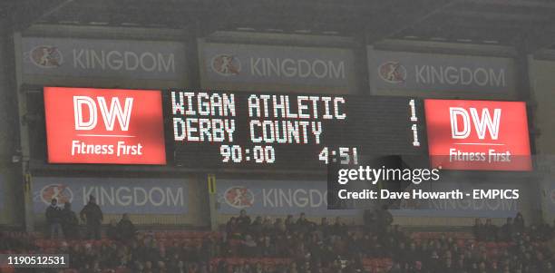 The final result displayed on the big screen Wigan Athletic v Derby County - Sky Bet Championship - DW Stadium .