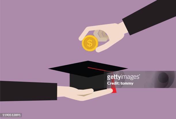 businesspeople putting us dollar coin into a graduation cap - graduation gown stock illustrations