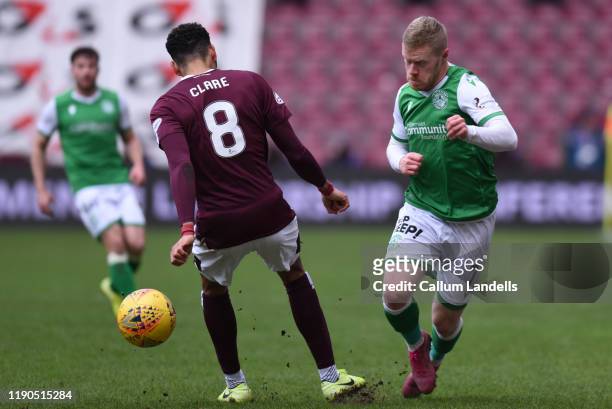 Daryl Horgan of Hibernian FC puts the ball past Sean Clare of Heart of Midlothian FC during the Ladbrokes Premiership match between Hearts and...
