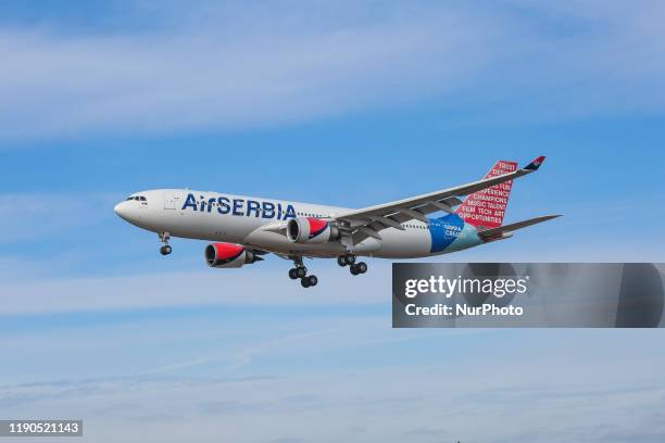 Air Serbia Airbus A330-200 aircraft with registration YU-ARA as seen on final approach landing at New York JFK KJFK John F. Kennedy International...