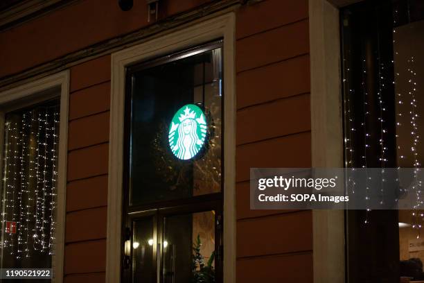 American coffee company and coffeehouse chain Starbucks logo seen in Saint Petersburg.