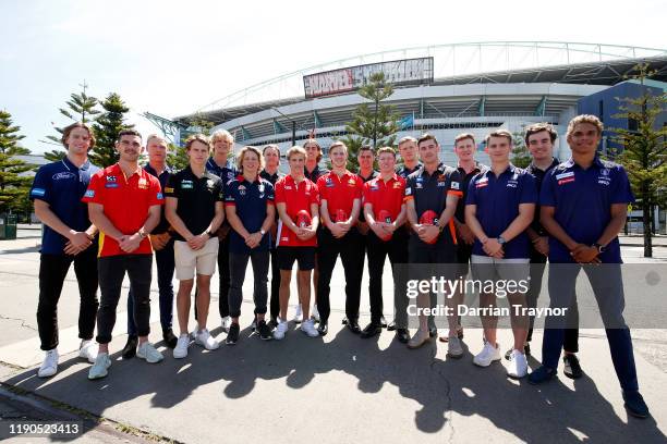 The 2019 AFL Draft round 1 picks pose for a photo during a AFL Draft media opportunity at Docklands Park on November 28, 2019 in Melbourne, Australia.