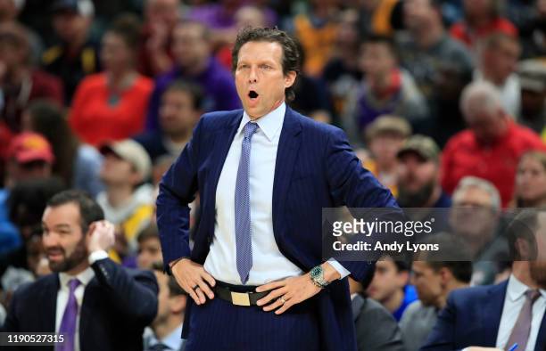 Quin Snyder the head coach of the Utah Jazz gives instructions to his team against the Indiana Pacers at Bankers Life Fieldhouse on November 27, 2019...