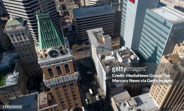 The Tribune Tower is seen from this drone view in downtown Oakland, Calif., on Thursday, Nov. 21, 2019.