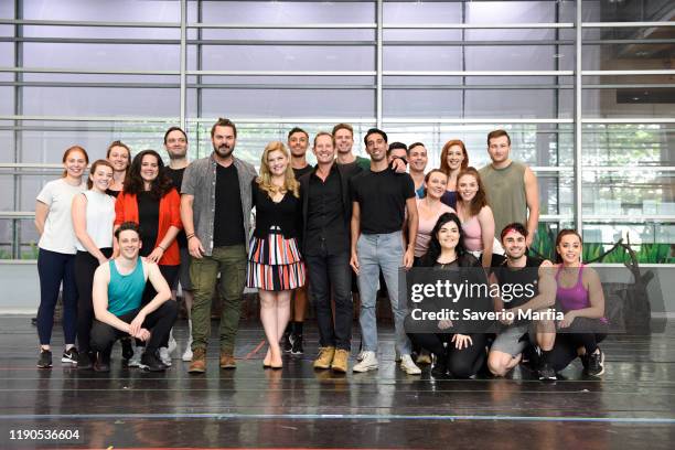 Ben Mingay, Lucy Durack , Todd McKenney, Nat Jobe and dancers pose during "Shrek: The Musical" rehearsals on November 28, 2019 in Sydney, Australia.