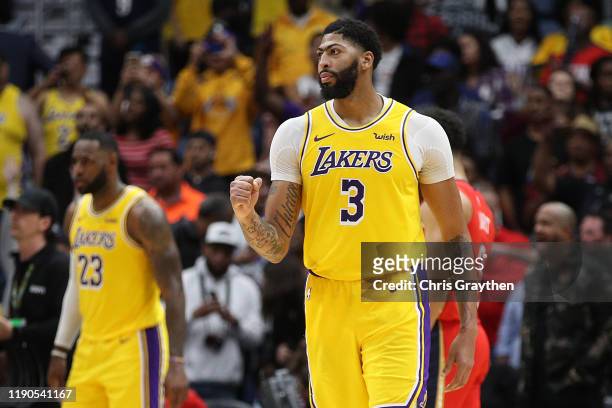 Anthony Davis of the Los Angeles Lakers reacts after defeating the New Orleans Pelicans at Smoothie King Center on November 27, 2019 in New Orleans,...