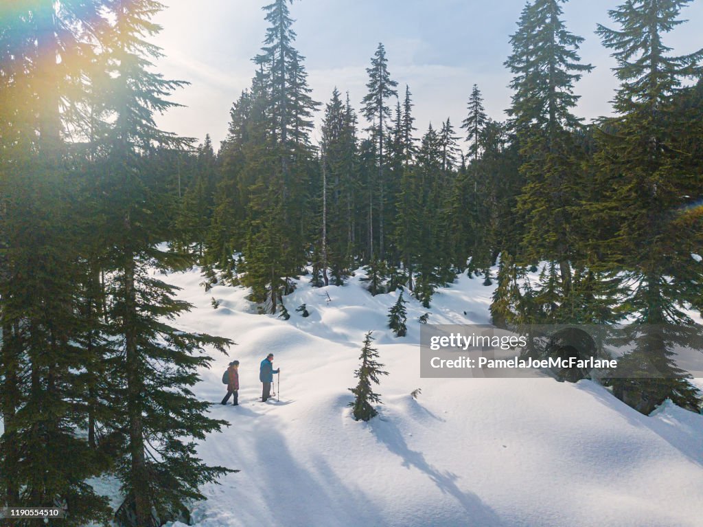 Mature, Multi-Ethnic Couple Snowshoeing in Fresh Snow Through Alpine Forest