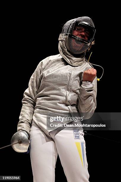 Aleksandra Socha of Poland celebrate victory against Galyna Pundyk of Ukraine in the Womens Sabre Semi Final during the 2011 European Fencing...