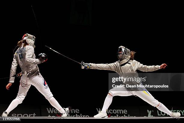 Aleksandra Socha of Poland in action against Galyna Pundyk of Ukraine in the Womens Sabre Semi Final during the 2011 European Fencing Championships...