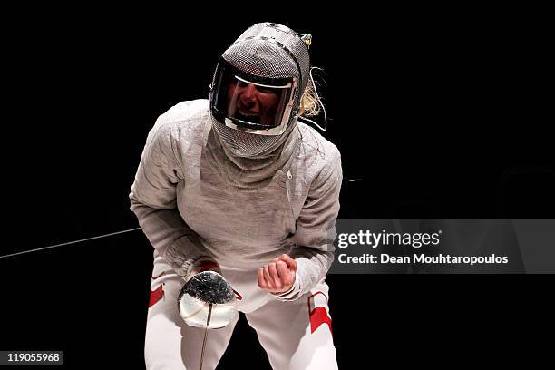 Aleksandra Socha of Poland celebrate victory against Galyna Pundyk of Ukraine in the Womens Sabre Semi Final during the 2011 European Fencing...