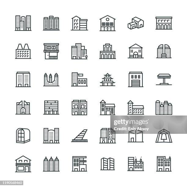 ilustraciones, imágenes clip art, dibujos animados e iconos de stock de conjunto de icones de edificios - town hall square