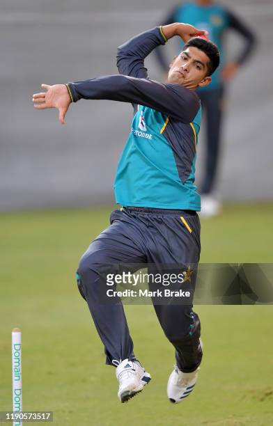 Naseem Shah of Pakistan bowls during a Pakistan nets session at Adelaide Oval on November 28, 2019 in Adelaide, Australia.