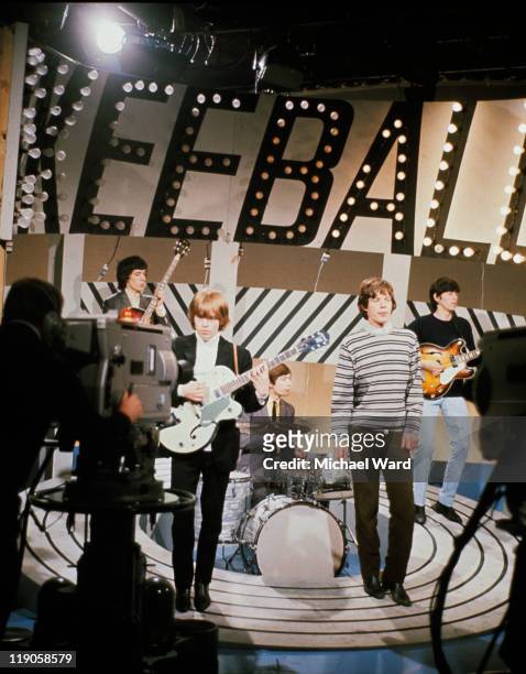 The Rolling Stones performing in a television studio- Bill Wyman, Brian Jones, Mick Jagger, Keith Richards and Charlie Watts, 1965.