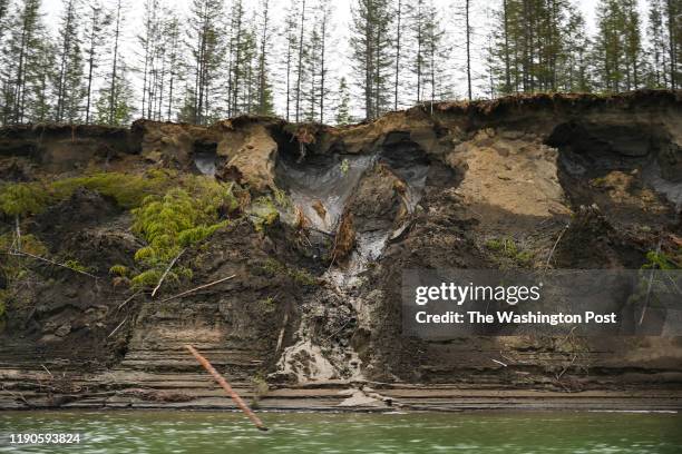 Permafrost, seen at the top of the cliff, melts into the Kolyma River outside of Zyryanka, Russia on July 4, 2019. The river is one of the principal...