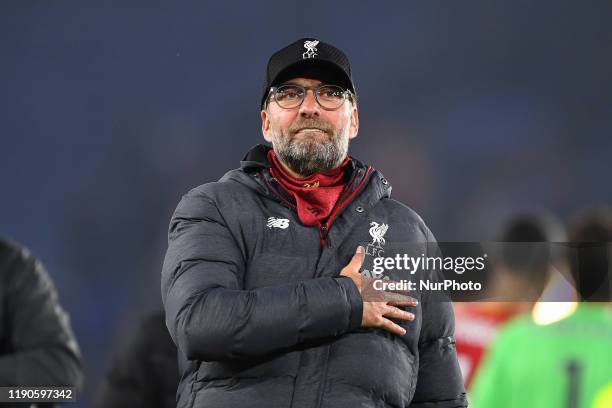 Liverpool Manager, Jurgen Klopp celebrates after winning 0-4 during the Premier League match between Leicester City and Liverpool at the King Power...