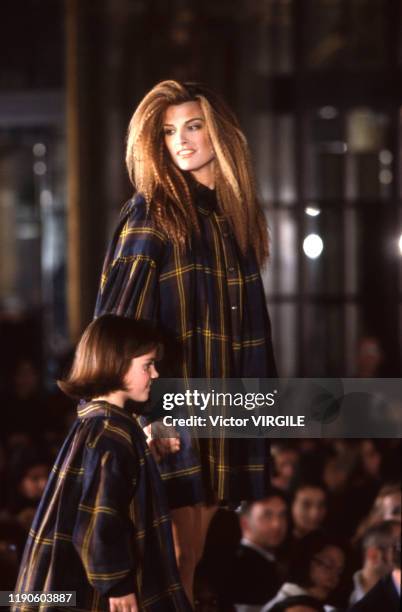 Model walks the runway at the Vivienne Westwood Ready to Wear Spring/Summer 1993 fashion show during the Paris Fashion Week in October, 1992 in...