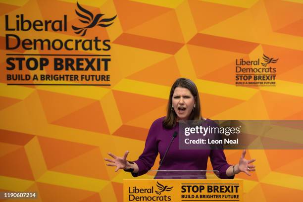 Liberal Democrat Leader Jo Swinson gives a speech entitled 'The Problem With Boris Johnson' at Prince Philip House on November 28, 2019 in London,...