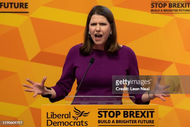 Liberal Democrat Leader Jo Swinson gives a speech entitled 'The Problem With Boris Johnson' at Prince Philip House on November 28, 2019 in London,...