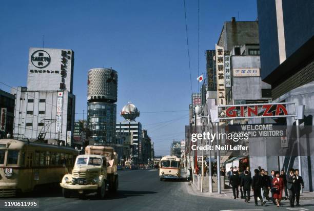 Summer Olympics: Overall view of street in the Ginza neighborhood with sign welcoming Olympic visitors. Tokyo, Japan CREDIT: Neil Leifer