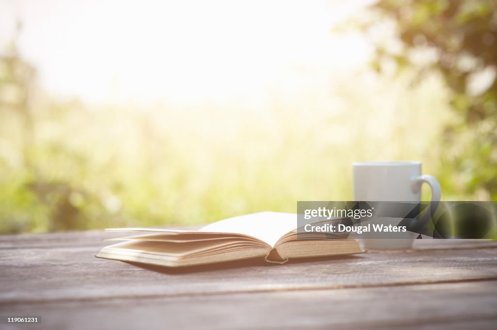 Book and cup on garden table.