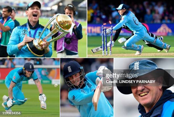 Combination of pictures created in London on December 27, 2019 shows England's World Cup cricket captain Eoin Morgan celebrating with the Cricket...