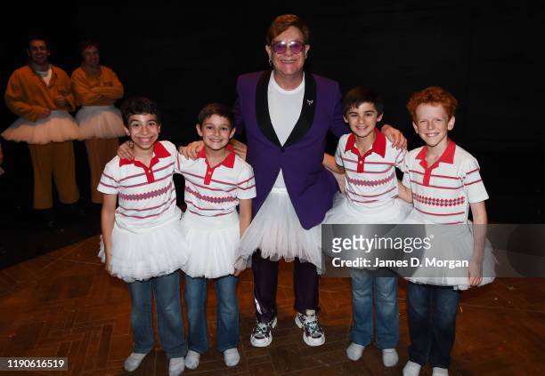 Sir Elton John makes a surprise appearance backstage with the four boys who play Billy Elliott; Omar Abiad, River Mardesic, Wade Neilsen and Jamie...