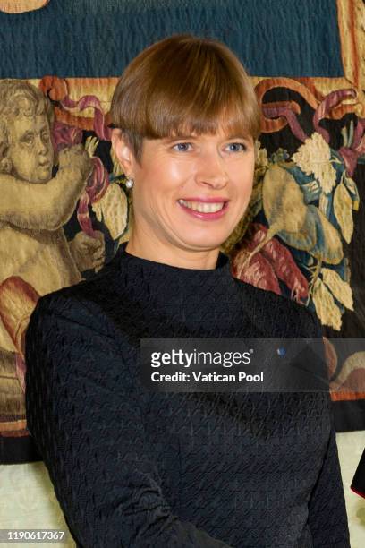 President of Estonia Republic Kersti Kaljulaid attends a private audience with Pope Francis at the Apostolic Palace on November 28, 2019 in Vatican...