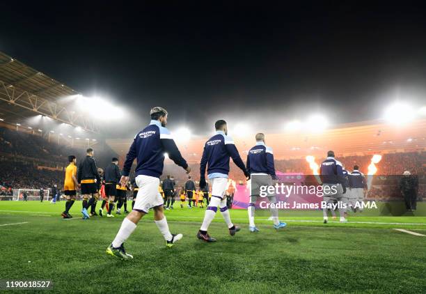 Manchester City players walk out at Molineux Stadium before the Premier League match between Wolverhampton Wanderers and Manchester City at Molineux...