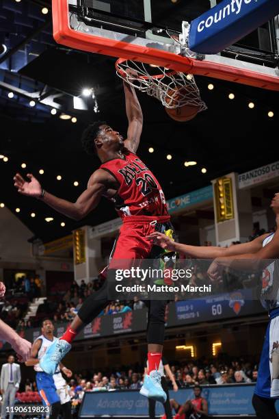 Adam Mokoka of the Windy City Bulls dunks the ball against the Westchester Knicks at the Westchester County Center on December 27, 2019 in...