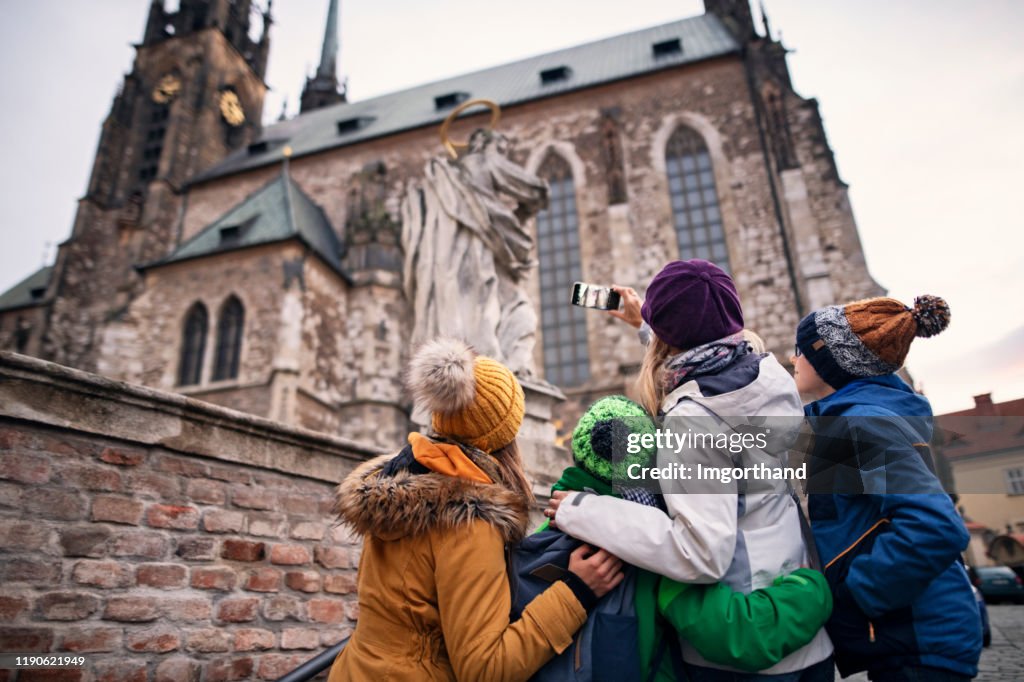 Family sightseeing city of Brno in Autumn