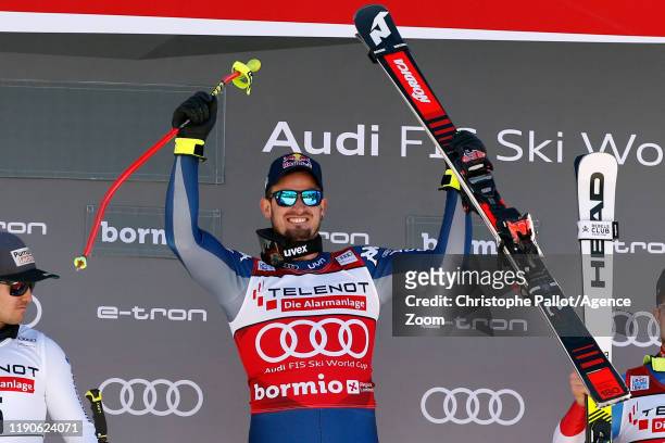 Dominik Paris of Italy takes 1st place during the Audi FIS Alpine Ski World Cup Men's Downhill on December 28, 2019 in Bormio Italy.