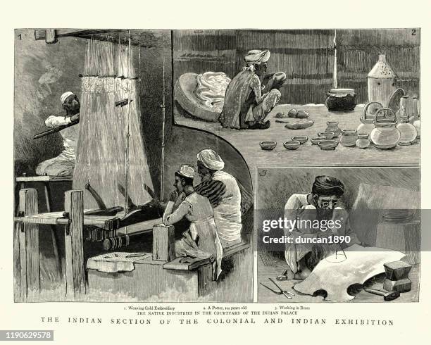 indian craftsmen, weaver, potter, brass worker, 19th century - textile industry stock illustrations