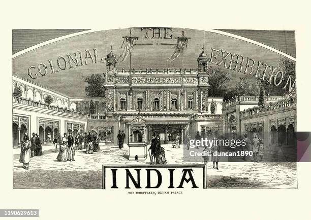 indian palace at the colonial and indian exhibition, 1886 - chelsea stock illustrations