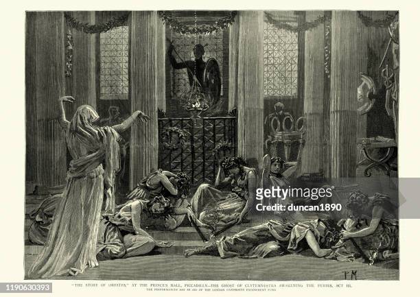 orestes, ghost of clytemnestra awakening the furies, greek play - actor play stock illustrations
