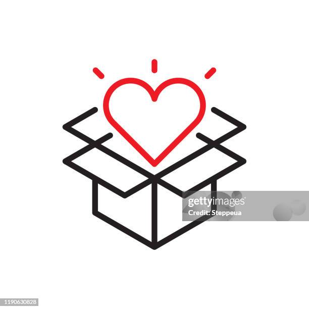geöffnete geschenk-linie-symbol - red heart outline stock-grafiken, -clipart, -cartoons und -symbole