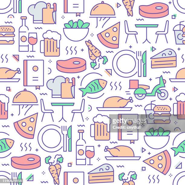 vector set of design templates and elements for restaurant and food in trendy linear style - seamless patterns with linear icons related to restaurant and food - vector - dining friends stock illustrations