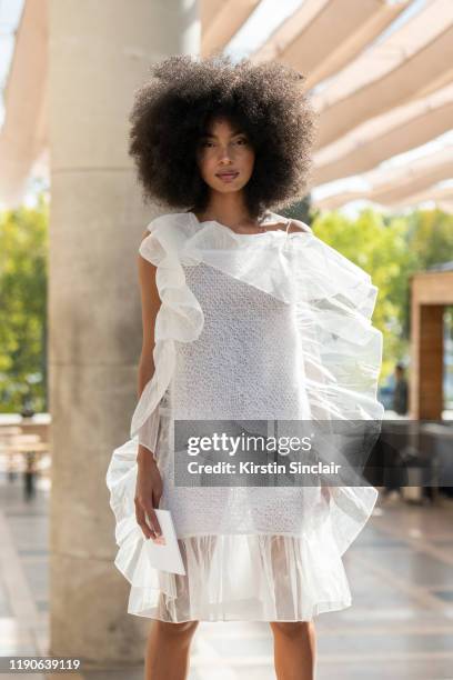 Model Sharon A.E wears all Nina Ricci on September 27, 2019 in Paris, France.