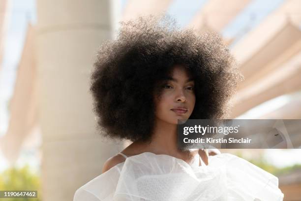 Model Sharon A.E wears Nina Ricci on September 27, 2019 in Paris, France.