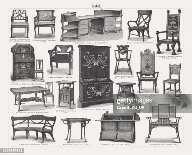 furniture from the art nouveau period, wood engravings, published 1899 - inlay stock illustrations