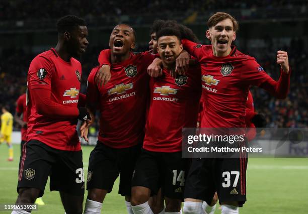 Jesse Lingard of Manchester United celebrates scoring their first goal during the UEFA Europa League group L match between FK Astana and Manchester...