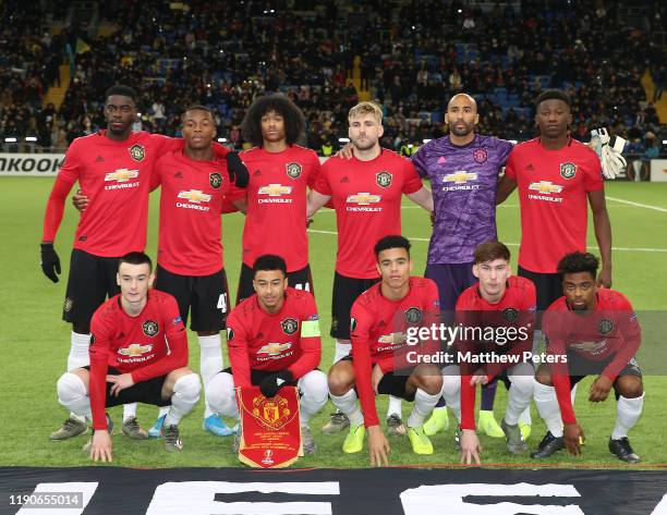 The Manchester United team line up ahead of the UEFA Europa League group L match between FK Astana and Manchester United at Astana Arena on November...