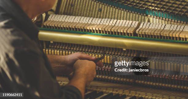 instrument technician repairing a piano - harpsichord stock pictures, royalty-free photos & images