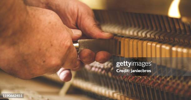 instrument technician repairing a piano - harpsichord stock pictures, royalty-free photos & images