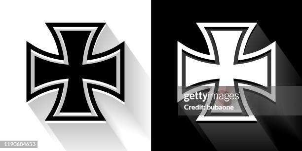 iron cross  black and white icon with long shadow - iron cross stock illustrations