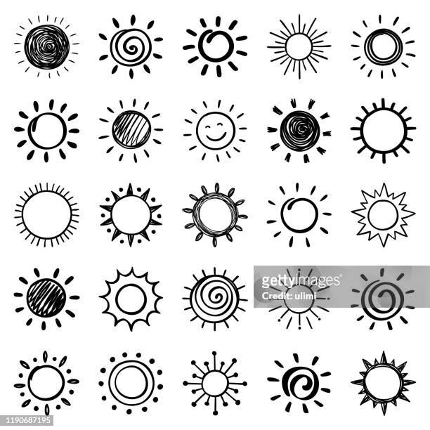 ilustraciones, imágenes clip art, dibujos animados e iconos de stock de conjunto de iconos de sol dibujados a mano - luz del sol