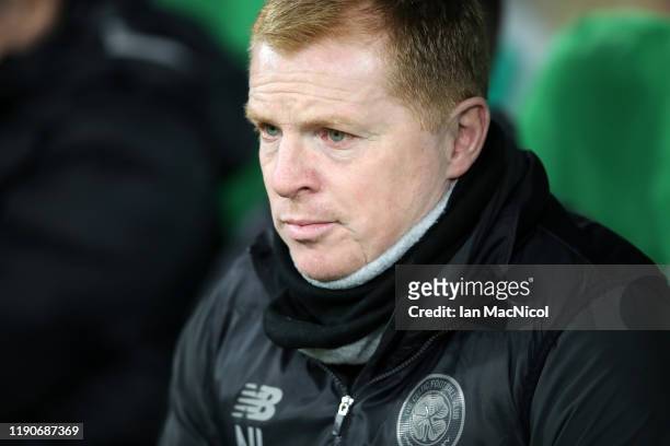 Neil Lennon, Manager of Celtic looks on during the UEFA Europa League group E match between Celtic FC and Stade Rennes at Celtic Park on November 28,...