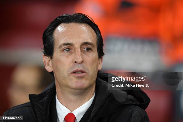 Unai Emery, Manager of Arsenal looks on ahead of the UEFA Europa League group F match between Arsenal FC and Eintracht Frankfurt at Emirates Stadium...