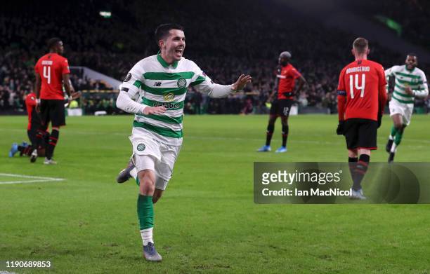 Lewis Morgan of Celtic celebrates after he scores his sides first goal during the UEFA Europa League group E match between Celtic FC and Stade Rennes...